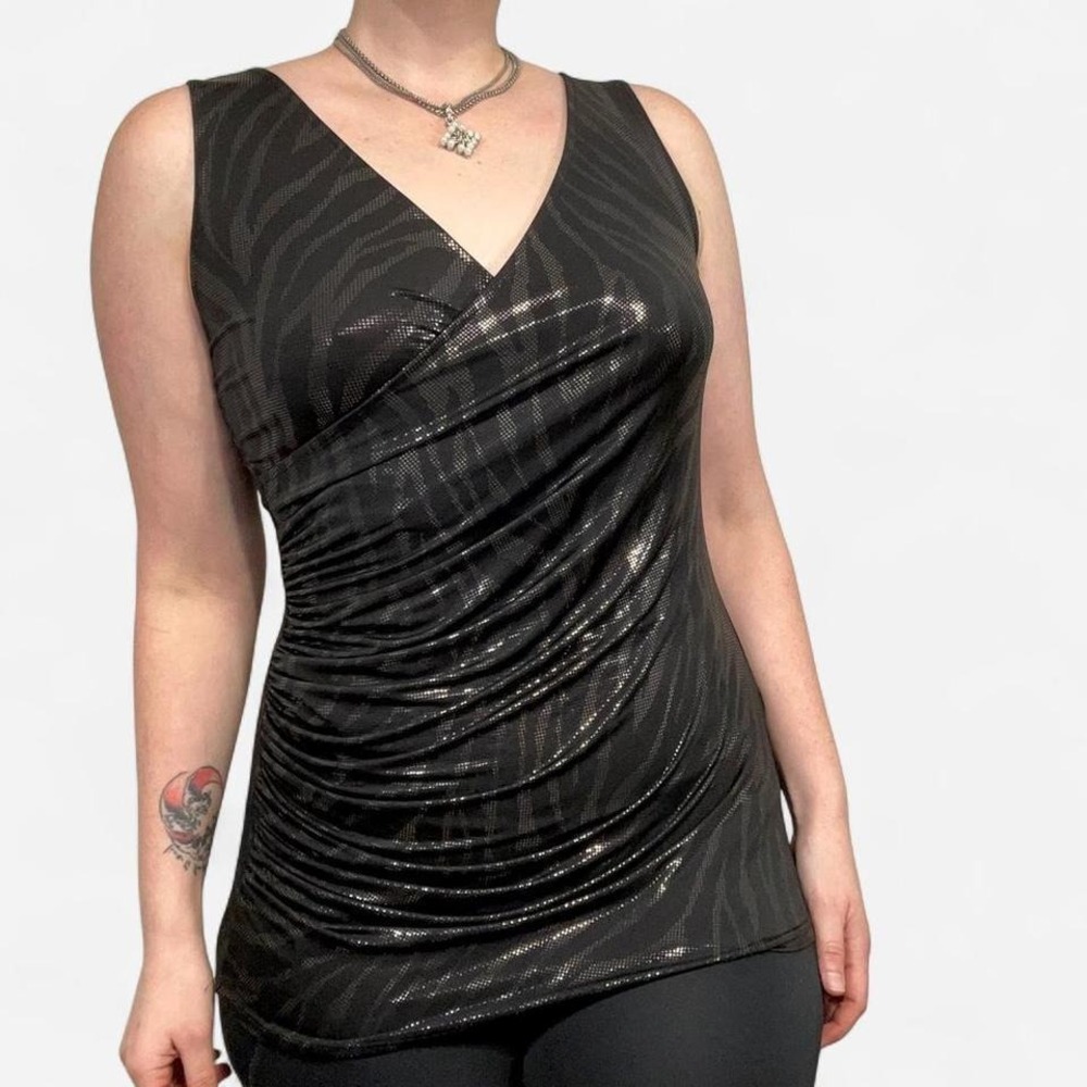 Y2K Express Black Metallic Dotted Animal Print Wrap Front Slim Fit Tunic Top L